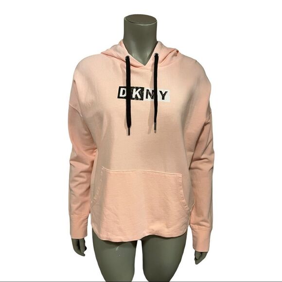 DKNY Sport Orange Pigment Dyed Two Tone Logo Distressed Hoodie Womens Small NWT - Picture 1 of 8